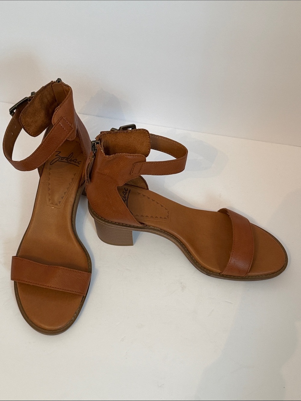 Zodiac Tan Leather Ankle-Strap Block Heel Sandals